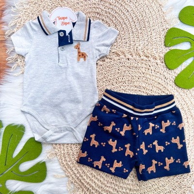 Conj. Body Gola Polo e Bermuda Girafinha - Mescla e Marinho